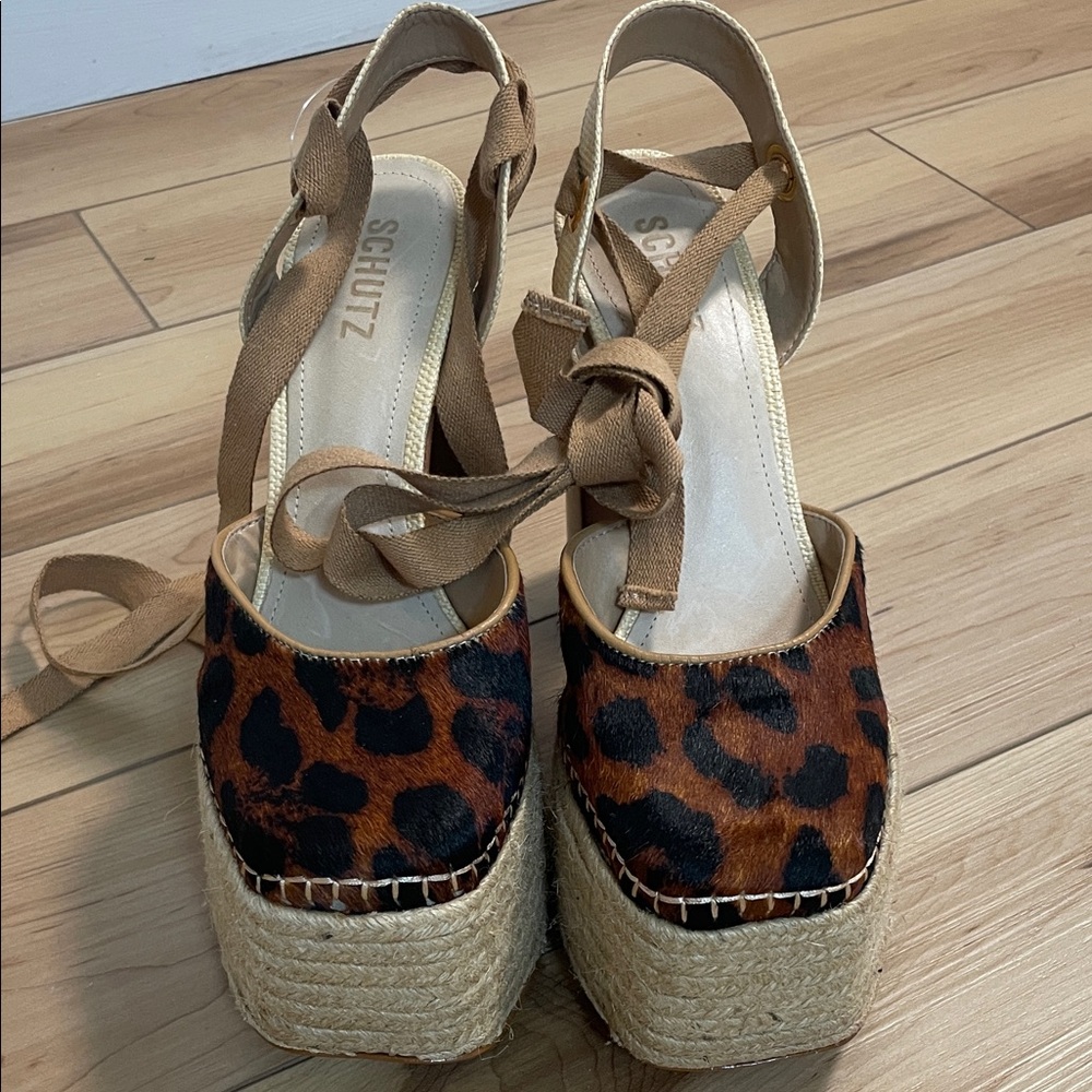 SCHUTZ Leopard-Print Espadrille Platform Wedges in Brown